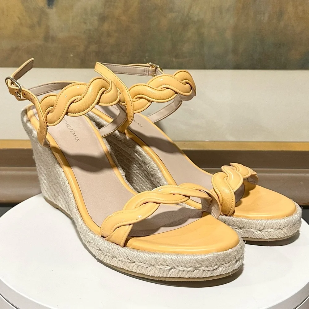 🌹STUART WEITZMAN🌹Twist Espadrille Platform Wedge 8 Leather Raffia Size: 11 - Picture 5 of 8